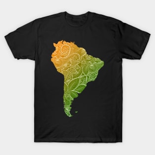 Colorful mandala art map of South America with text in green and orange T-Shirt